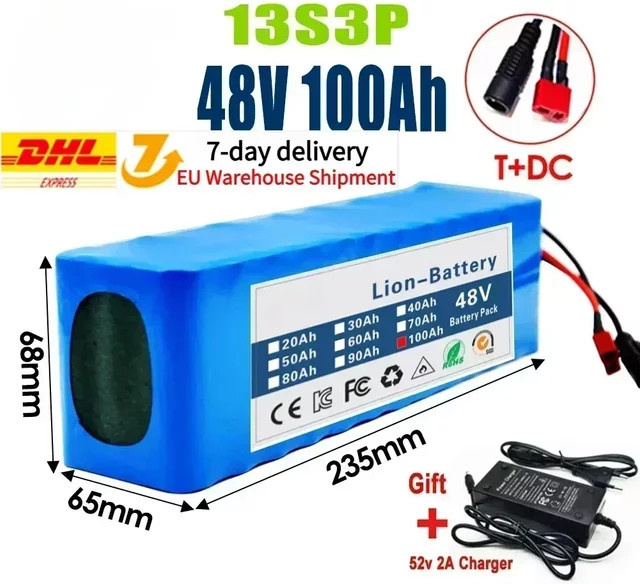Ddadache Lithium-Ionen-Akku 48V 100Ah 2000W 13S3P in Blau inklusive BMS und 54,6V-Ladegerät - Bild 1
