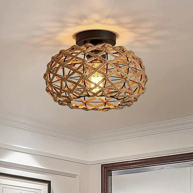 Retro Deckenleuchte von ludengchaoshi aus Rattan und Metall in Braun und Schwarz, runde Hanfseil-Lampe für Küche, Schlafzimmer oder Flur - Bild 1