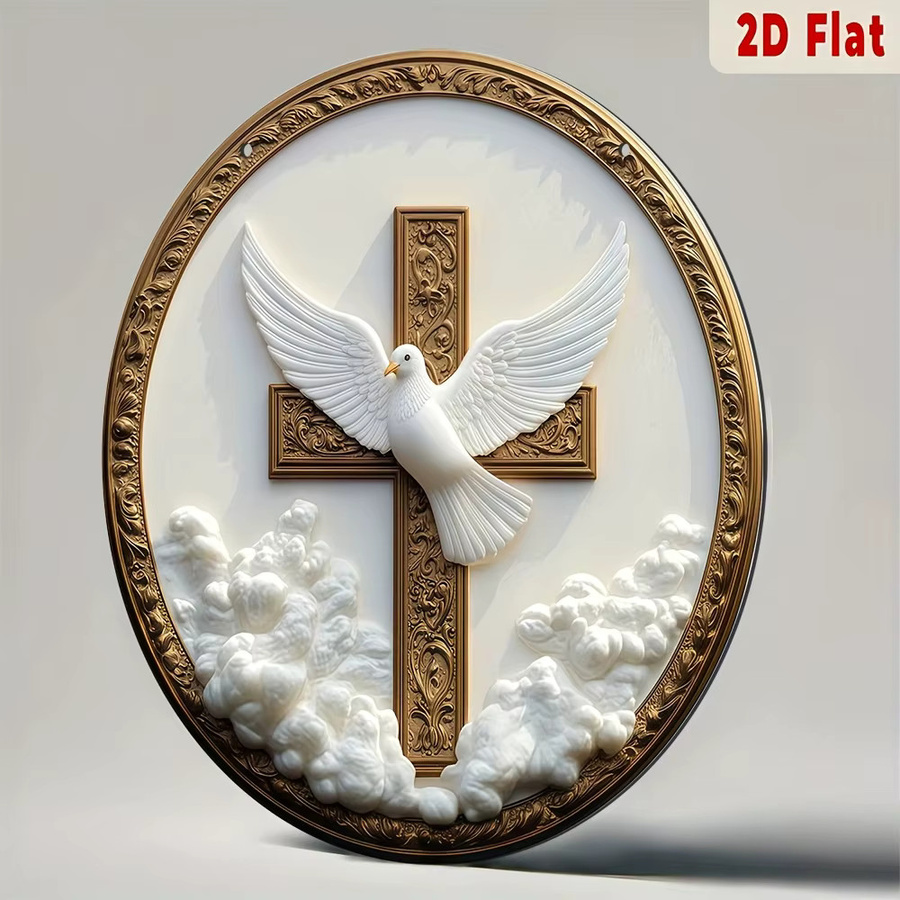 CIFBUY Christliche Metallwandkunst mit Taube und Kreuz, runde Wanddekoration in Gold und Weiß, Durchmesser: 20,32 cm - Bild 5