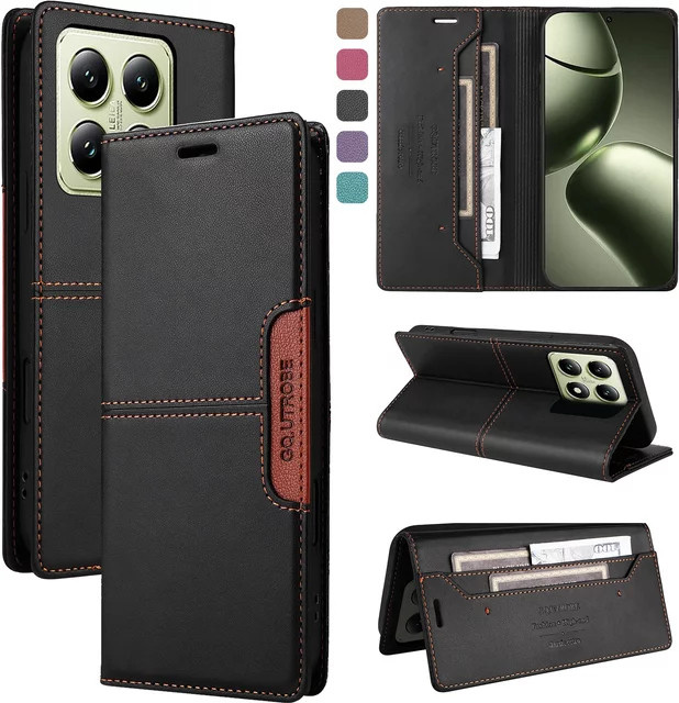 Schwarze Leder-Handyhülle für Xiaomi Mi 15T 14T 13T 12T 11T Pro und Poco X7 X6 X5 F6 M6 Pro X3 F3 als magnetische Flip-Brieftasche mit Kartenetui - Bild 1