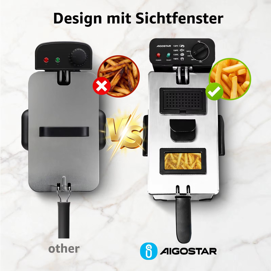 Aigostar Fritteuse aus Edelstahl mit transparentem Deckel, 2200 W, 3 l, Silber - Bild 4