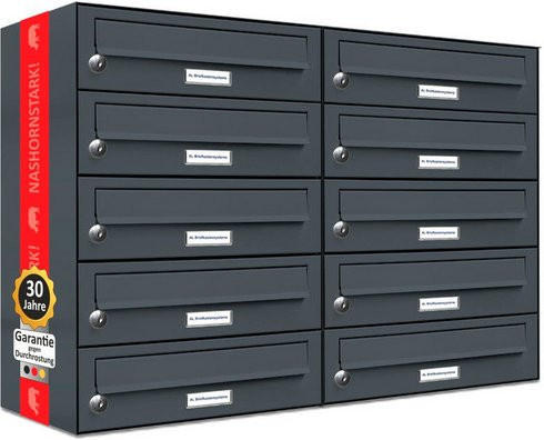 AL Briefkasten-System für 10 Parteien zur Aufputzmontage, grau, B/H/T: 153,514 x 57,5 x 27,5 cm - Bild 1