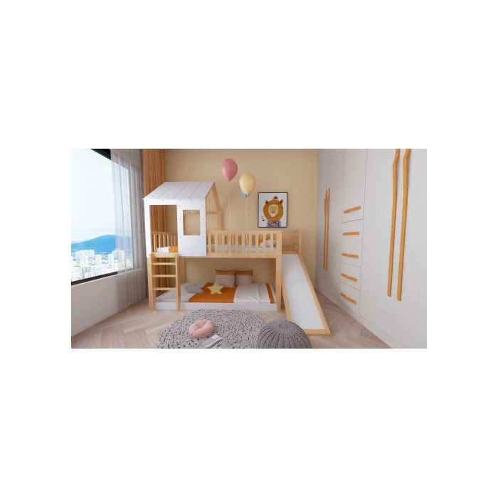 Etagenbett MUVOE für Kinder aus Massivholz mit Rutsche und Leiter in Weiß und Natur, B/T/H: 90 x 200 cm - Bild 2