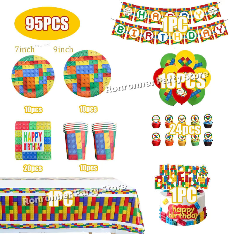 Warner Bros. Baustein-Geburtstagsparty-Dekorationsset aus Papier in Mehrfarbig mit Tischdecke, Hintergrundbanner und Geschenktüten - Bild 2
