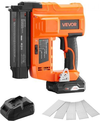 VEVOR Akku-Nagler 18 Gauge 20V mit 2,0 Ah Lithium-Ionen-Batterie, Ladegerät und 500 Nägeln, einstellbare Nageltiefe, Farbe: Orange/Schwarz - Bild 1