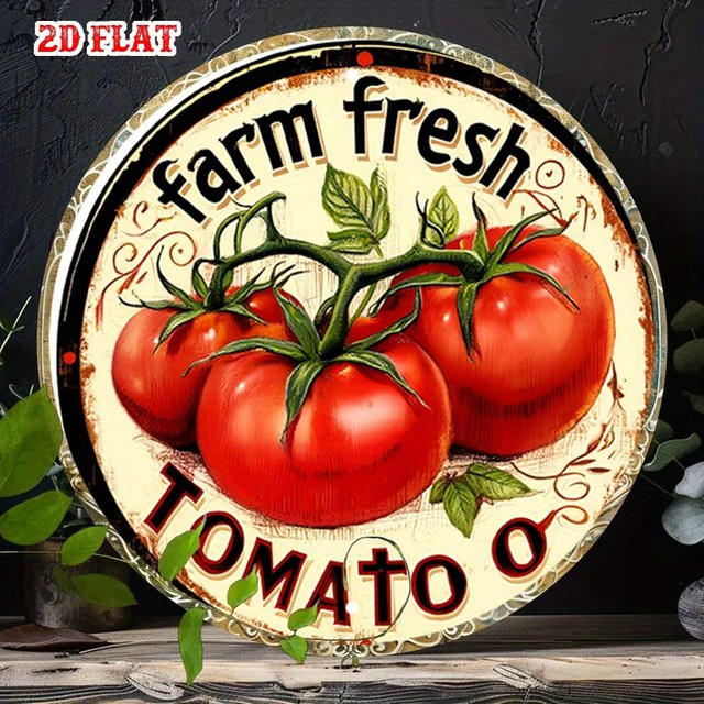 CIFBUY Vintage Metallschild Farm Fresh Tomato Rund mit floralem Design in Mehrfarbig - Bild 1