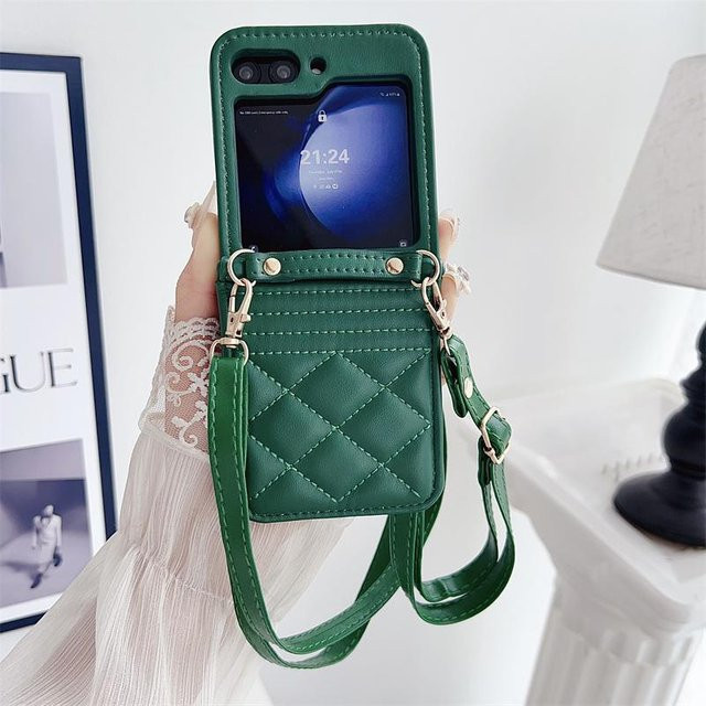 Crossbody Leder Handyhülle für Samsung Galaxy Z Flip 6 5 4 3 mit Kartenhalter und Brieftasche in Grün - Bild 1