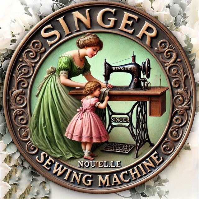 Singer Vintage Nähmaschinen-Rundblechschild aus Metall in Multicolour, Wanddekoration mit Mutter & Kind Motiv, Durchmesser: 20 cm - Bild 1