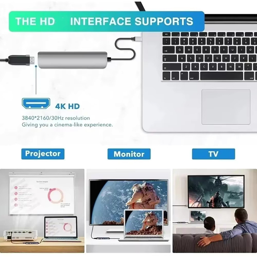 7-in-1 USB-C Hub Adapter in Silber mit HDMI 4K, Thunderbolt 3, PD, TF und SD für MacBook, iPad, XPS und Surface Laptop - Bild 5
