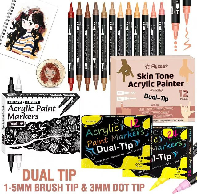 12/24-teiliges Acryl-Malstift-Set mit zwei Spitzen (weiche und harte Spitze) in Multicolour für DIY-Bastelbedarf und Kunstprojekte - Bild 1