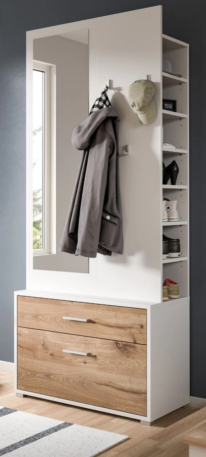 Inn.Furn Kompaktgarderobe Pallas mit Sitzbank und Spiegel in Weiß und Eiche, B/H: 80 x 190 cm - Bild 1