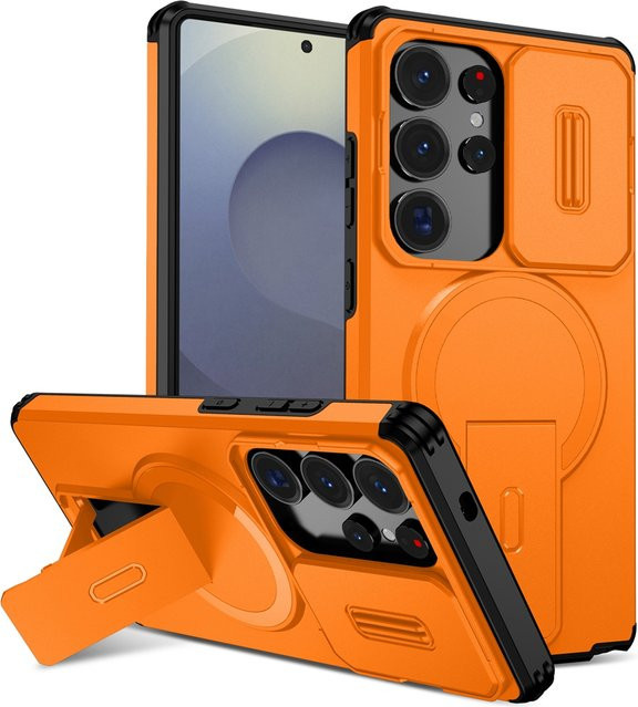 Stoßfeste Rüstung-Schutzhülle mit magnetischer unsichtbarer Faltenhalterung für Samsung Galaxy S26 S25 S24 S23 S22 Ultra Plus, Wireless Charging kompatibel, in Blau oder Orange - Bild 1