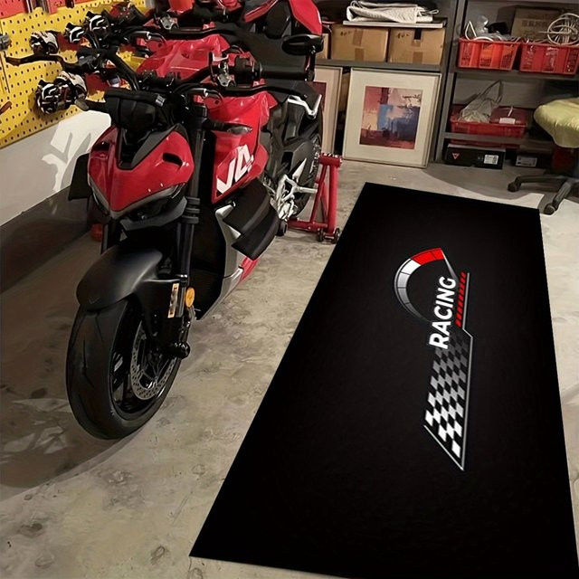 VIKAMA Motorradmatte im Racing-Design, rutschfeste und ölabsorbierende Garagenmatte in Schwarz - Bild 1