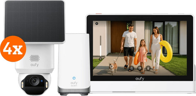 eufy SoloCam E42 4er-Pack mit HomeBase 3 und Smart Display E10, Weiß - Bild 1