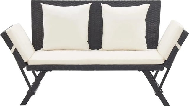 vidaXL Gartenbank aus Poly Rattan mit Kissen in Schwarz und Weiß, modern mit Armlehnen und pulverbeschichtetem Stahlgestell - Bild 1