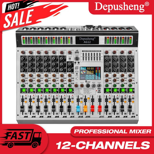 Depusheng 12-Kanal Digitalmixer mit 99 DSP digitalen Effekten für professionelles Audio-Mixing und DJ-Einsätze - Bild 1