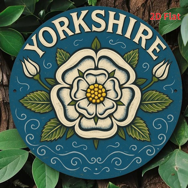 Potdemiel Metallschild Yorkshir White Rose Vintage mit blauem und weißem Blumenmuster, rund, Durchmesser: 19,81 cm - Bild 1