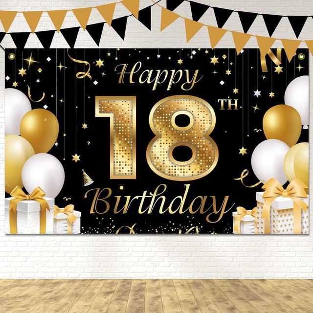 OURFETE Geburtstagsparty Banner Kulisse für den 18. Geburtstag in Schwarz-Gold mit Glitzer-Effekt und Buchstaben - Bild 1
