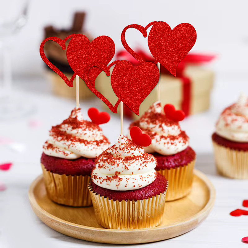 YOMDID 24 Stück glitzernde Cupcake-Topper in Rot für Valentinstag, Hochzeiten und Partys - Bild 2