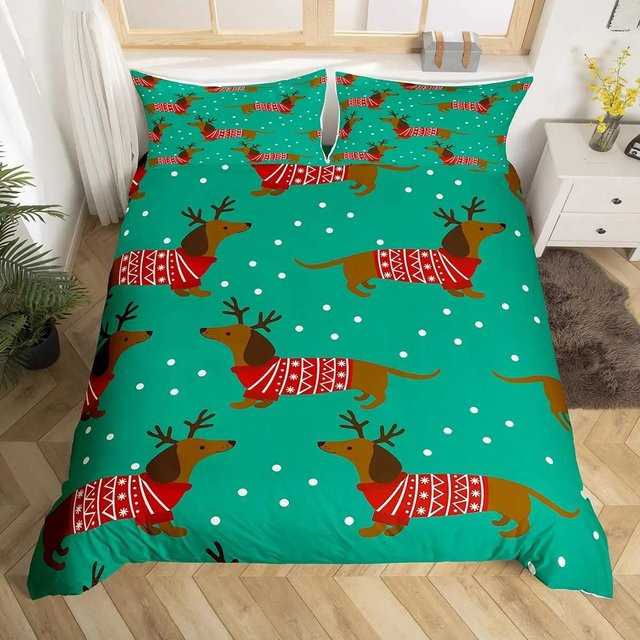 Bettwäscheset Your Warm Home mit Cartoon-Dackel in Violett, 3-teiliges Polyester-Bettwäsche-Set mit Bettbezug und Kissenbezügen, B/H: 200 x 200 cm - Bild 1