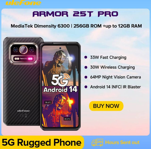 Ulefone Armor 25T Pro 5G Robustes Smartphone in Schwarz mit 256GB ROM, Android 14 und NFC - Bild 1