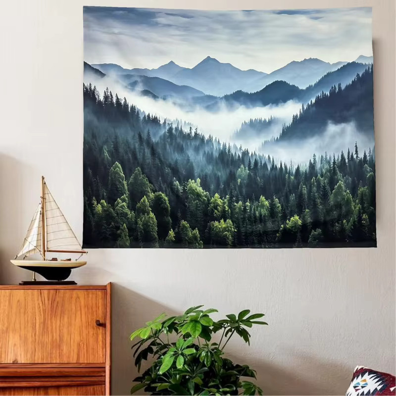 VIKAMA Wandteppich Heilender Bergwaldnebel in Blau, Textil-Wanddekoration mit Naturmotiv und Gebirgslandschaft - Bild 5