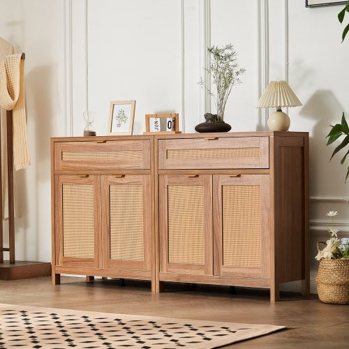 VEVOR Rattanschrank Set aus 2 Stück in Beige und Braun mit 4 magnetischen Türen und 2 Schubladen, Sideboard Buffetschrank mit verstellbaren Regalen für Wohnzimmer, Flur oder Küche - Bild 1