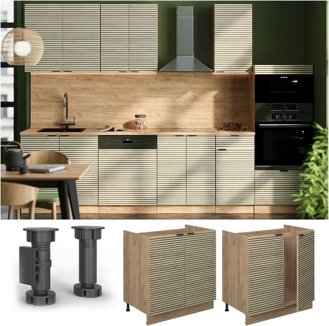 Vicco Spülenunterschrank Fame-Line in Eiche mit Arbeitsplatte in Marmor-Weiß und Soft-Closing-Scharnieren, Breite: 80 cm - Bild 1