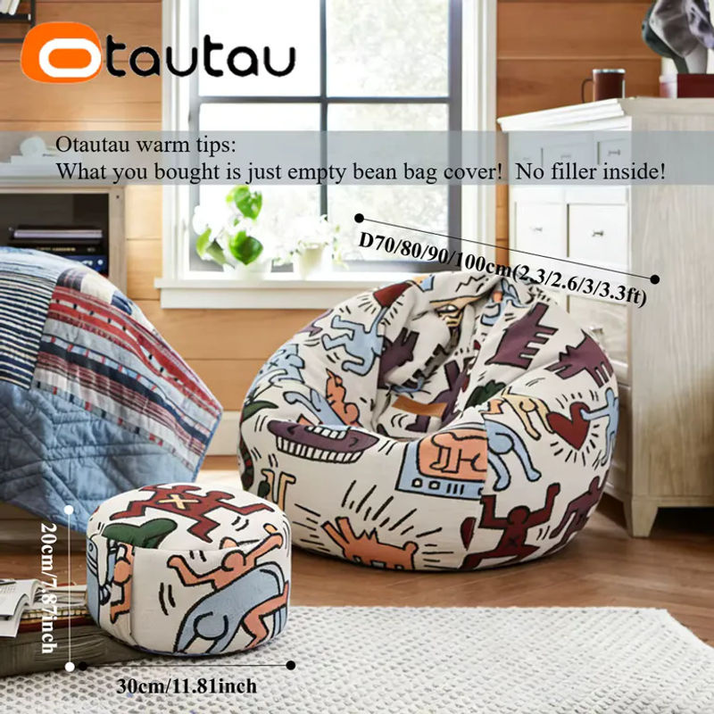 OTAUTAU Sitzsackbezug aus weichem Graffiti-Samt in Multicolour, runder Eckhocker Pouf im Boho-Stil, Durchmesser: 100 cm - Bild 3
