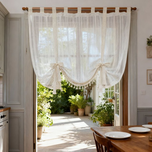 Transparenter Vintage-Vorhang mit Häkelspitze und Quastendekoration, gestreift, in Beige und Weiß, für Küche, Tür und Fenster, rustikale Heimdekoration - Bild 1