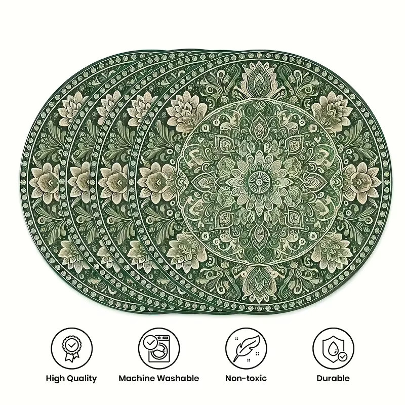 VIKAMA 4er Set runde Tischsets aus Leinen in Grün mit floralem Mandala-Design, wasserdicht, rutschfest und waschbar - Bild 2
