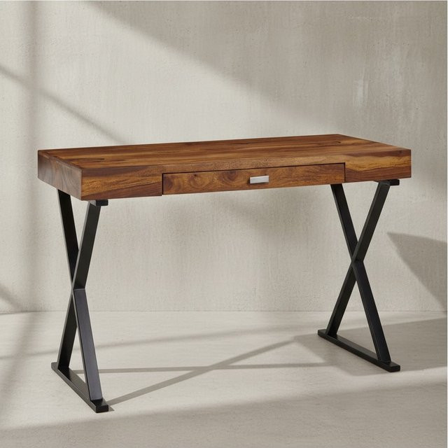 KADIMA DESIGN Massivholz Schreibtisch aus Sheesham in Braun mit X-förmigem Metallgestell und Schublade, B/T/H: 120 x 55 x 78 cm - Bild 1