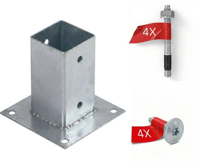 HOLLMAX Pfostenträger Aufschraubhülse Komplettset für Vierkantpfosten, Verzinkt, Silber, 71 mm - Bild 1