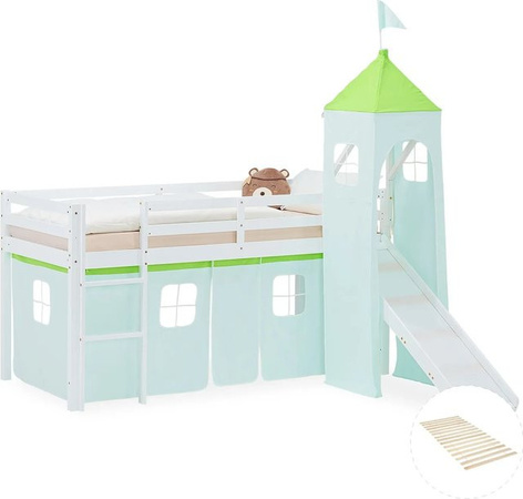 Homestyle4u Kinder Hochbett mit Rutsche und Lattenrost aus Kiefernholz in Grün, B/H/T: 90 x 200 x 217,5 cm