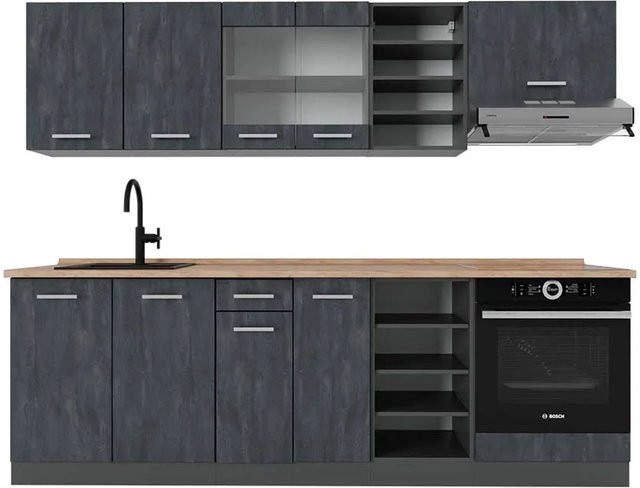 Vicco R-Line Küchenzeile in Schwarz Beton und Anthrazit mit Arbeitsplatte in Eiche, Breite: 240 cm - Bild 1