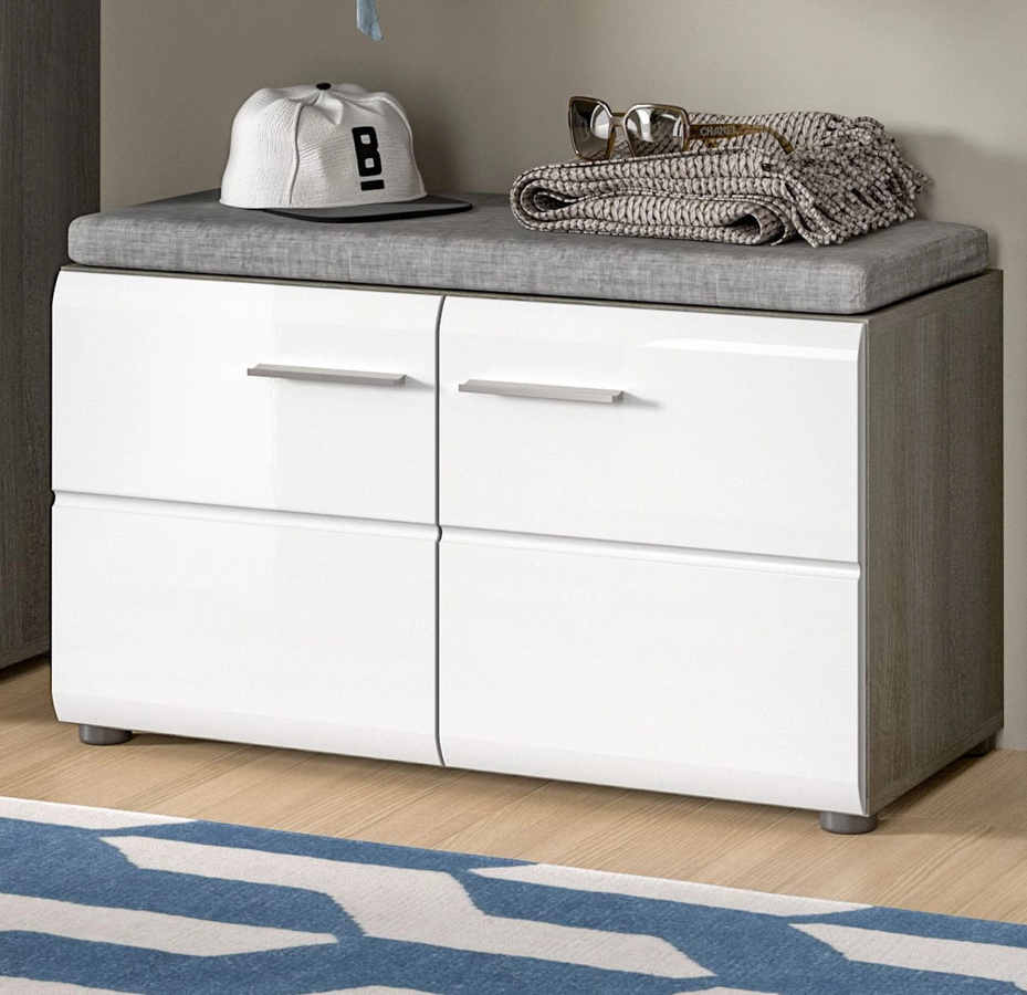Garderobe Sitzbank Rumba Schuhregal in Weiß Hochglanz und Grau mit Breite: 80 cm - Bild 1