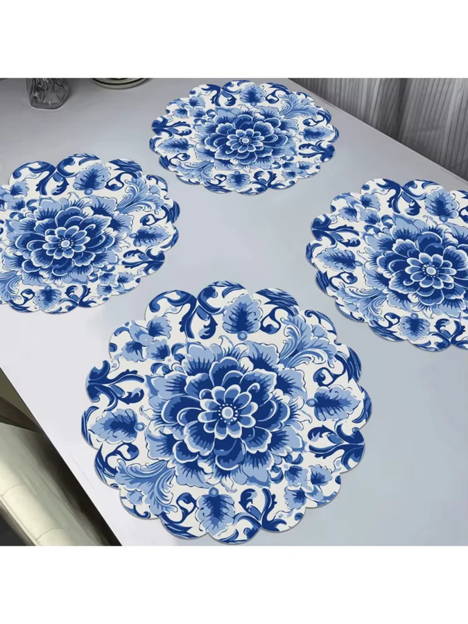 VIKAMA 4-teiliges Set runde Porzellan-Tischsets mit blau-weißem Blumenmuster im orientalischen Design - Bild 2