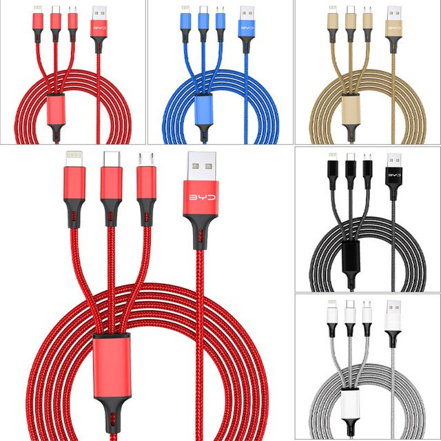 3-in-1 Auto-Schnellladekabel Emblem für BYD in Rot mit USB-C, Lightning und Micro-USB - Bild 1