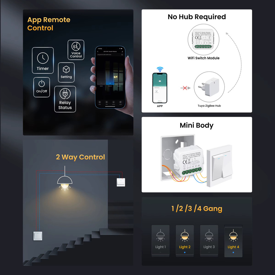 GIRIER Tuya WiFi Smart Schalter Modul für DIY Lichtsteuerung, 2-Wege-Steuerung, weiß - Bild 2
