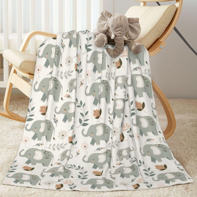 VIKAMA Baby-Elefanten-Decke aus weichem Flanell mit Blumenmuster, B/B: 90 x 60 cm - Bild 1