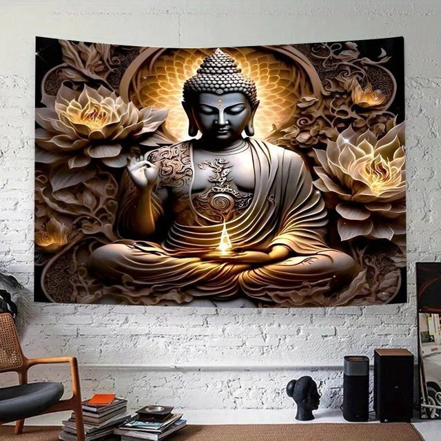 VIKAMA Buddhistischer Lotus-Wandteppich mit Mandala-Design in Weiss und Multicolour für deinen Meditationsraum - Bild 1