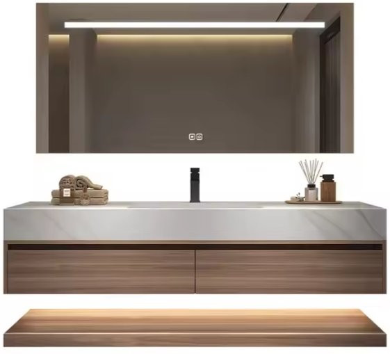 XMSJ Badezimmer-Waschtisch-Set aus Sperrholz mit Waschbecken und LED-Beleuchtung, Wandmontage, Braun - Bild 1