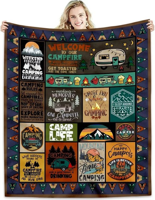 VIKAMA Patchwork Decke im Vintage-Camping-Stil, Mehrfarbig, Grafik-Design - Bild 1