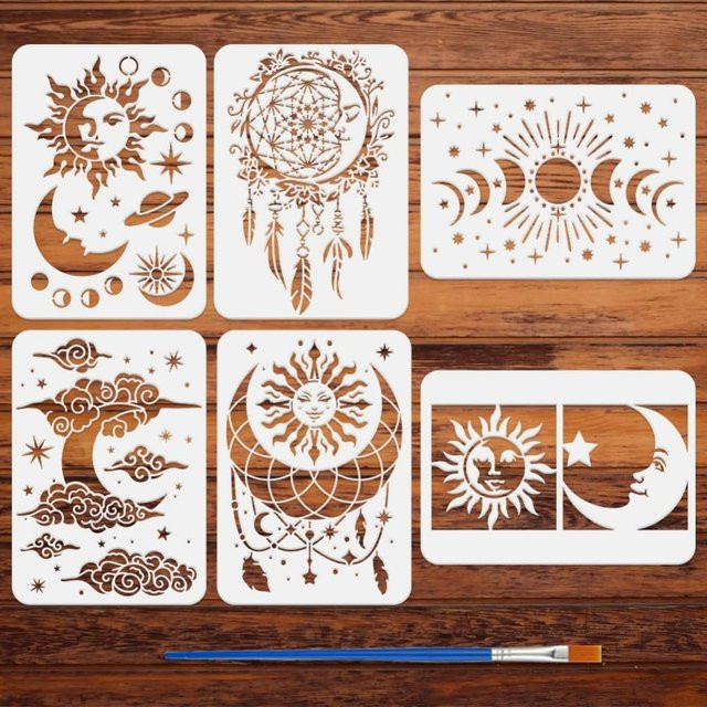 6er Set Schablonen mit Pinsel für Fantasy-Motive wie Sonne, Mond, Sterne und Wolken, wiederverwendbare Traumfänger-Vorlagen in Weiß - Bild 1
