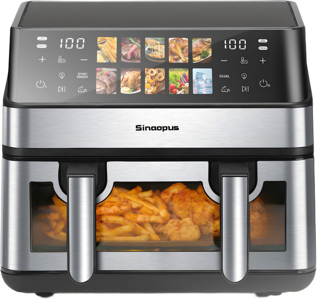 Sinaopus XXL Heißluftfritteuse 8,5 L mit Doppelkorb, 2000W und LED-Touch-Fenster, Ölfreier Ofen mit 10 Programmen - Bild 1