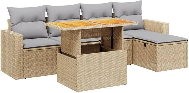 vidaXL 6-teilige Garten-Sofagarnitur in L-Form mit Polsterkissen und Couchtisch, Beige, Poly-Rattan mit Metallgestell - Bild 1