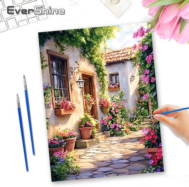 EverShine DIY-Ölgemälde nach Zahlen für Erwachsene mit Straßenlandschaft und Blumen auf Leinwand, Mehrfarbig - Bild 1