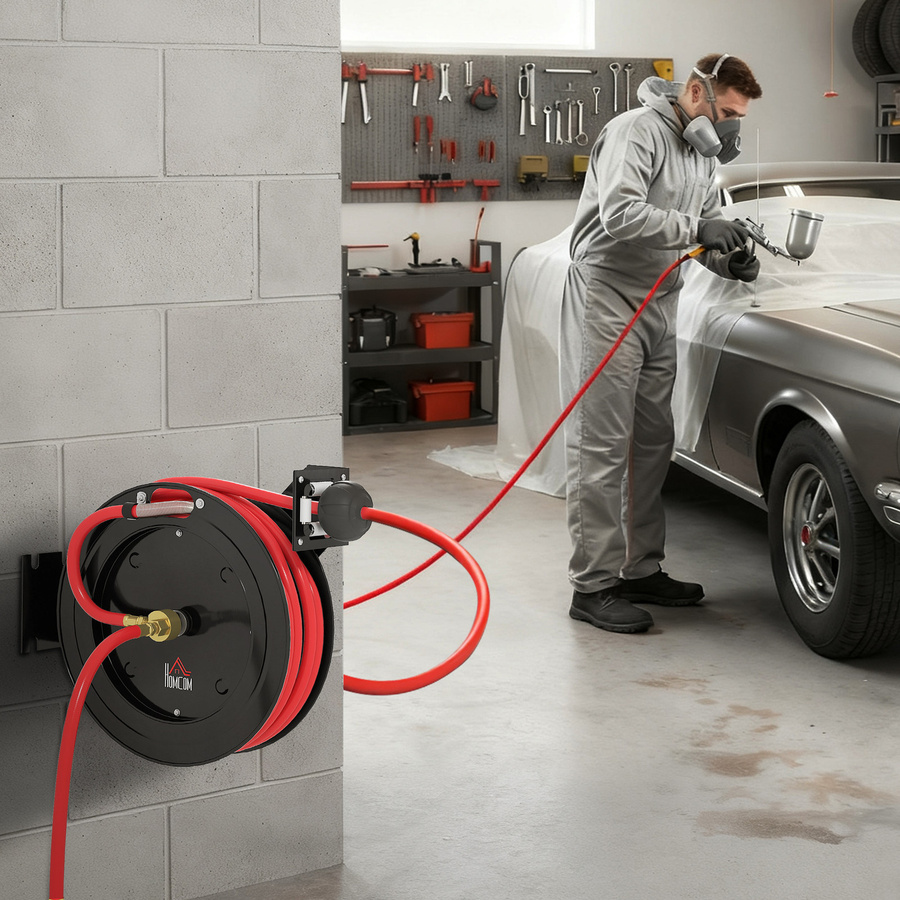 HOMCOM Automatik Druckluftschlauchtrommel Wandhalterung in Schwarz-Rot mit 15m Druckluftschlauch, 1/4 Zoll Anschluss und Schlauchbremse - Bild 2