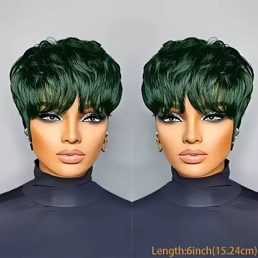 OYM HAIR Pixie-Schnitt-Perücke, grün, glatt, 100 % Echthaar, Damen - Bild 2