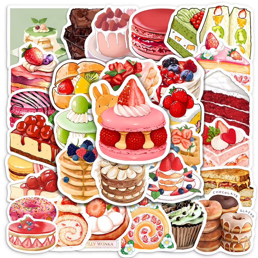 Wasserdichte Aquarell Aufkleber mit Obstkuchen und Dessert Motiven in Multicolour für Scrapbook, Laptop und Flaschen - Bild 1